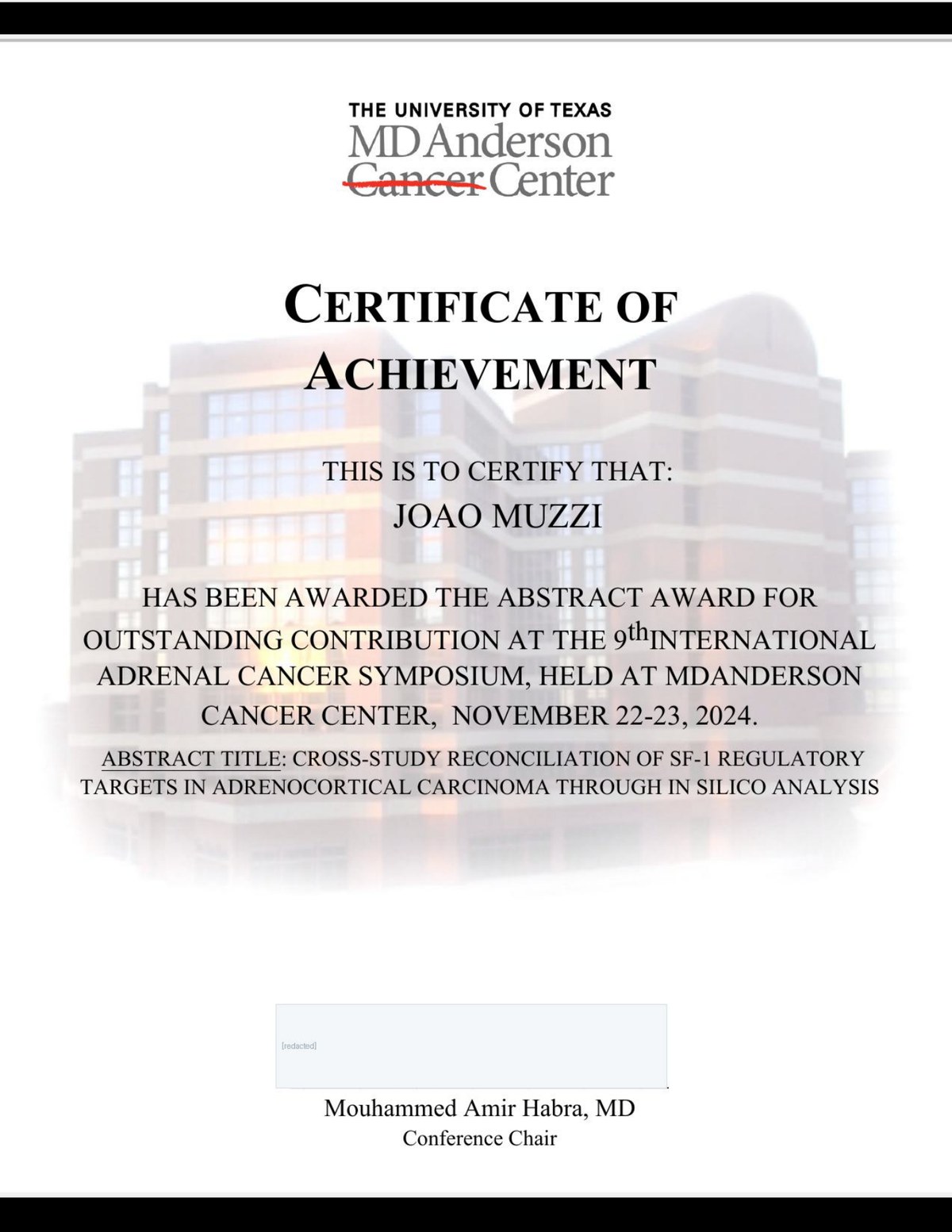 Certificate of Achievement awarding João Muzzi the Abstract Award for Outstanding Contribution at the 9th International Adrenal Cancer Symposium, MD Anderson Cancer Center, November 2024.
