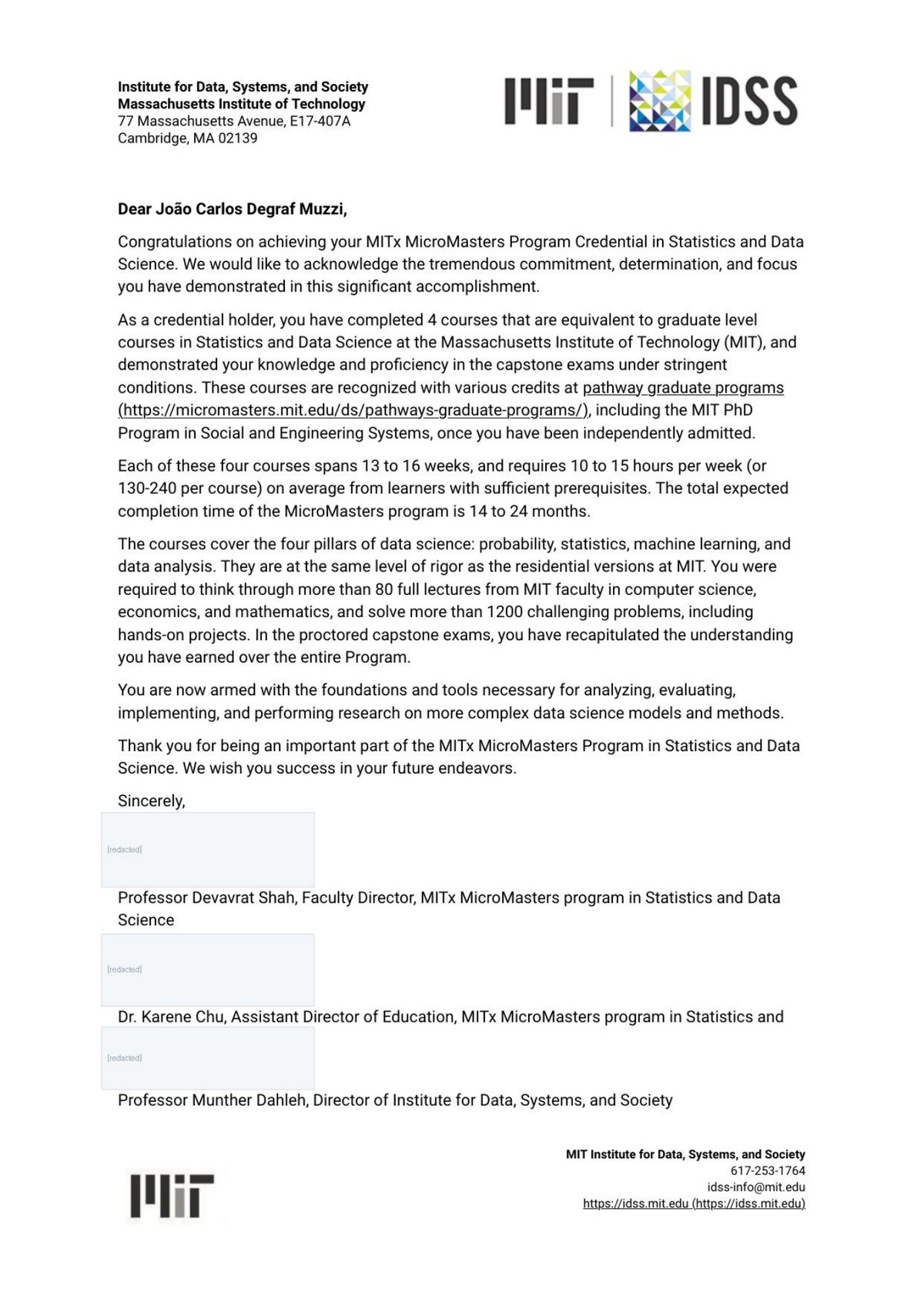 Official MIT letter confirming completion of the MITx MicroMasters Program Credential in Statistics and Data Science.