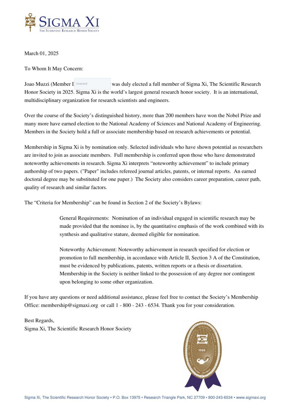 Official Sigma Xi letter confirming election of João Muzzi as a Full Member and describing the criteria for full membership.